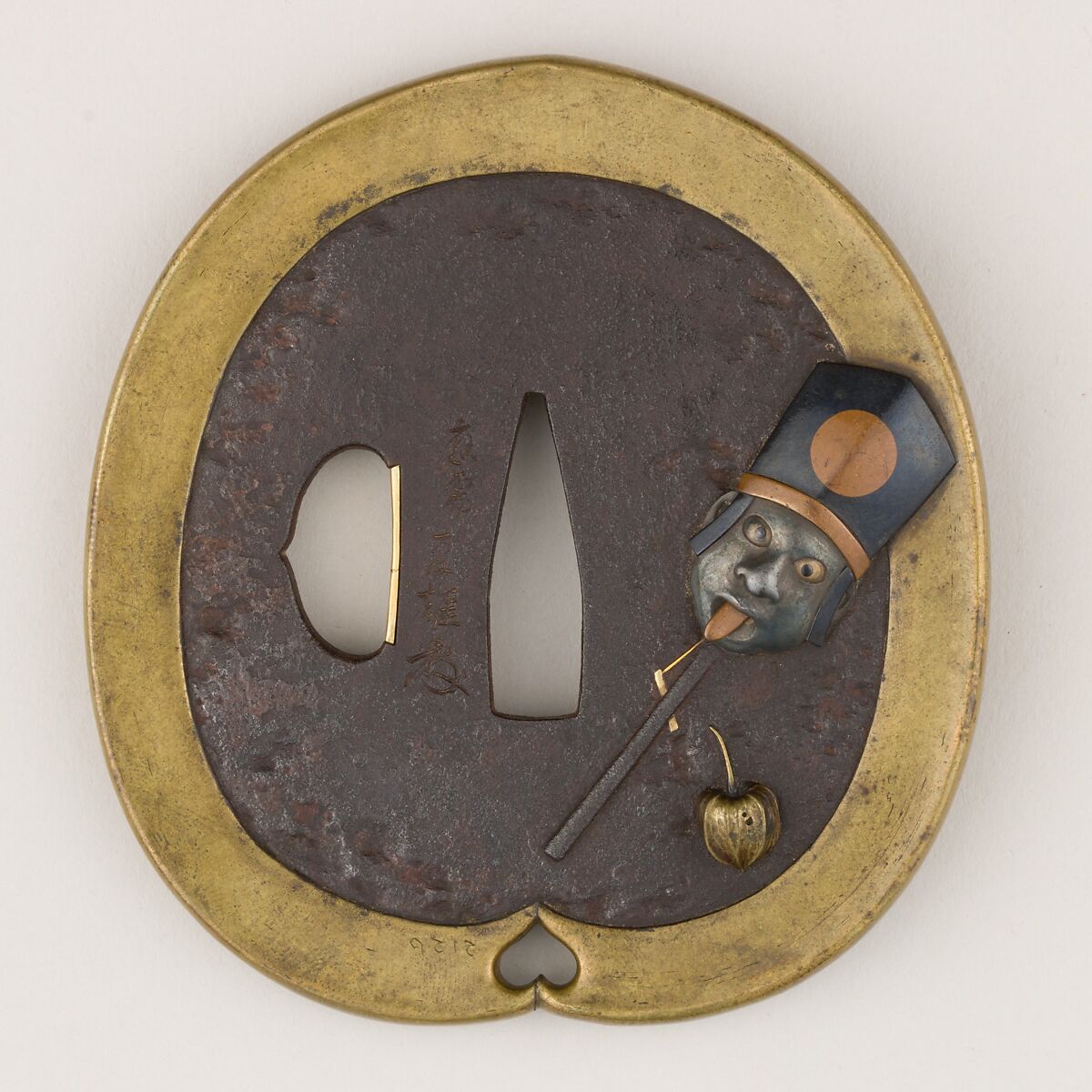 Sword guard (<i>Tsuba</i>) Depicting Head on Stick Toy (首人形図鐔), Iron, brass, gold, copper, copper-gold alloy (shakudō), Japanese 