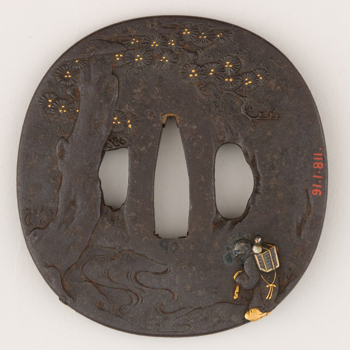 Sword guard (<i>Tsuba</i>) Depicting God of Longevity Jurōjin (寿老人図鐔), Iron, gold, silver, copper-gold alloy (shakudō), Japanese