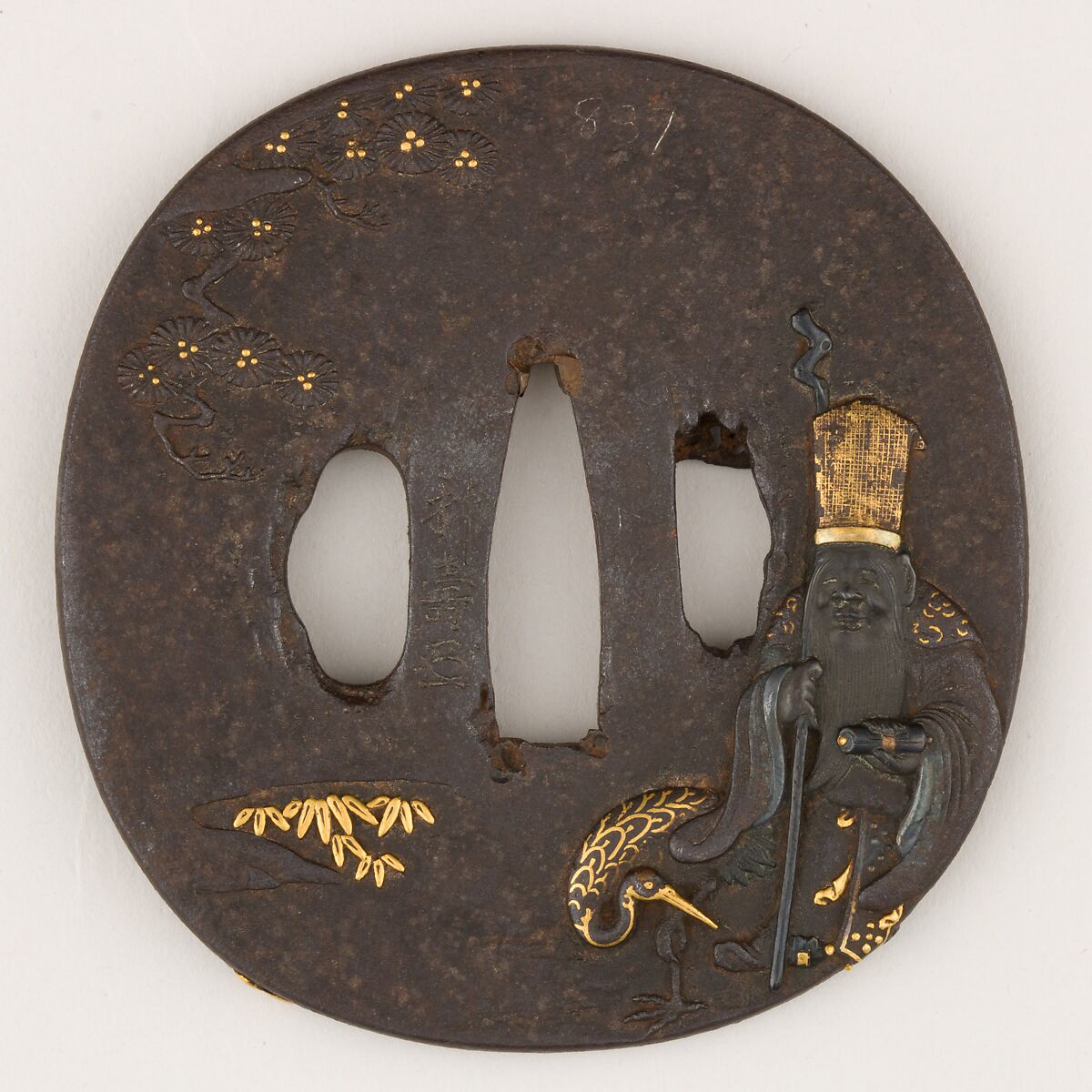 Sword guard (<i>Tsuba</i>) Depicting God of Longevity Jurōjin (寿老人図鐔), Iron, gold, silver, copper-gold alloy (shakudō), Japanese 