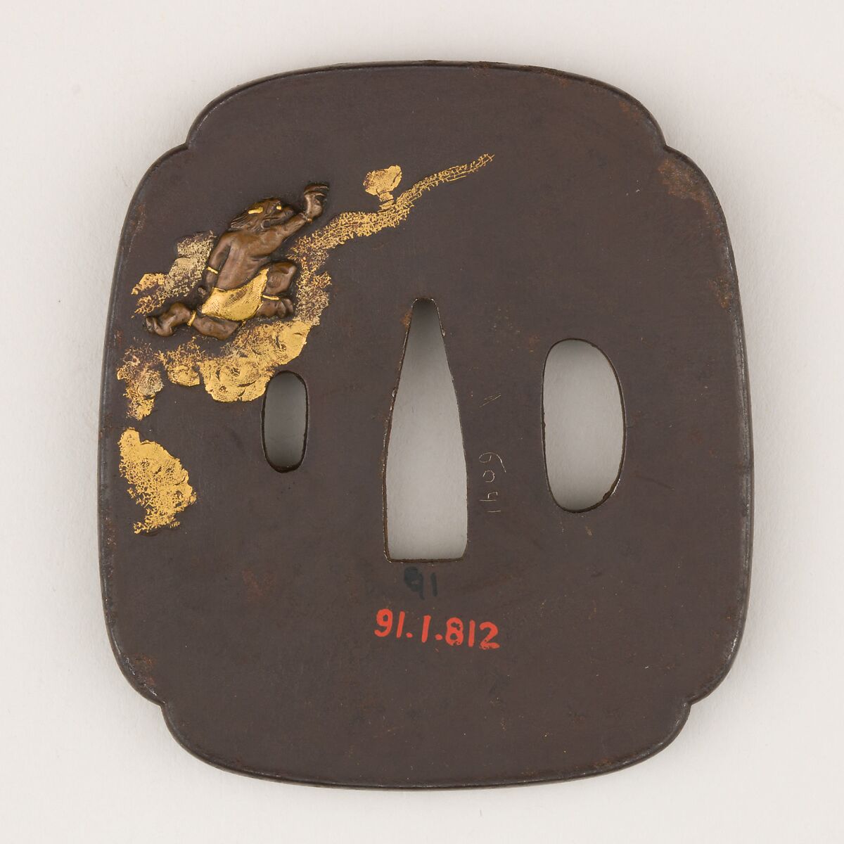 Sword guard (<i>Tsuba</i>) Depicting Skanda (韋駄天図鐔), Iron, copper, gold, copper-gold alloy (shakudō), Japanese