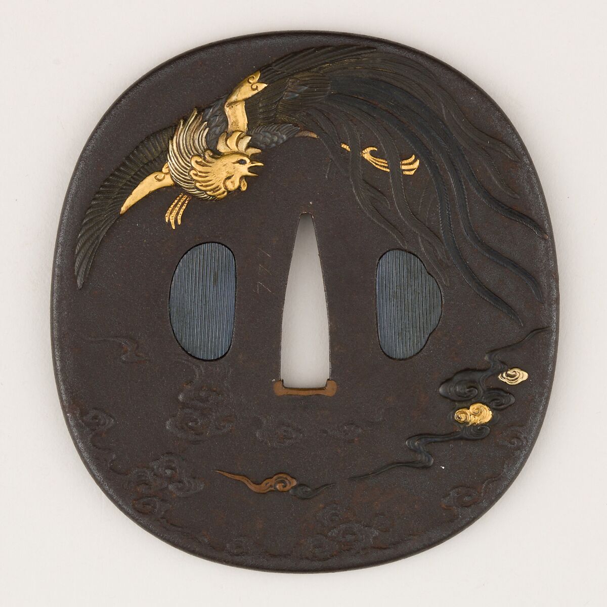 Sword guard (<i>Tsuba</i>) With Phoenix Motif (鳳凰図鐔), Iron, gold, copper, copper-gold alloy (shakudō), copper-silver alloy (shibuichi), Japanese 