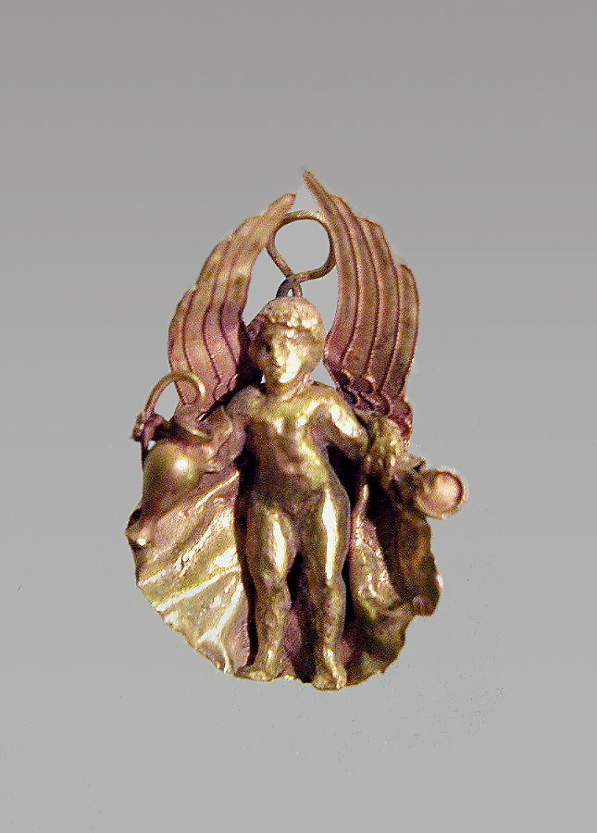 Pair of gold earrings with pendant Erotes, Gold, Greek