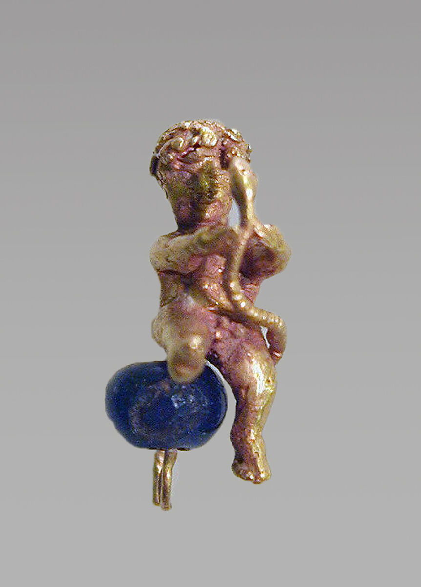 Pair of gold and glass earrings with baby Herakles, Gold and glass, Greek