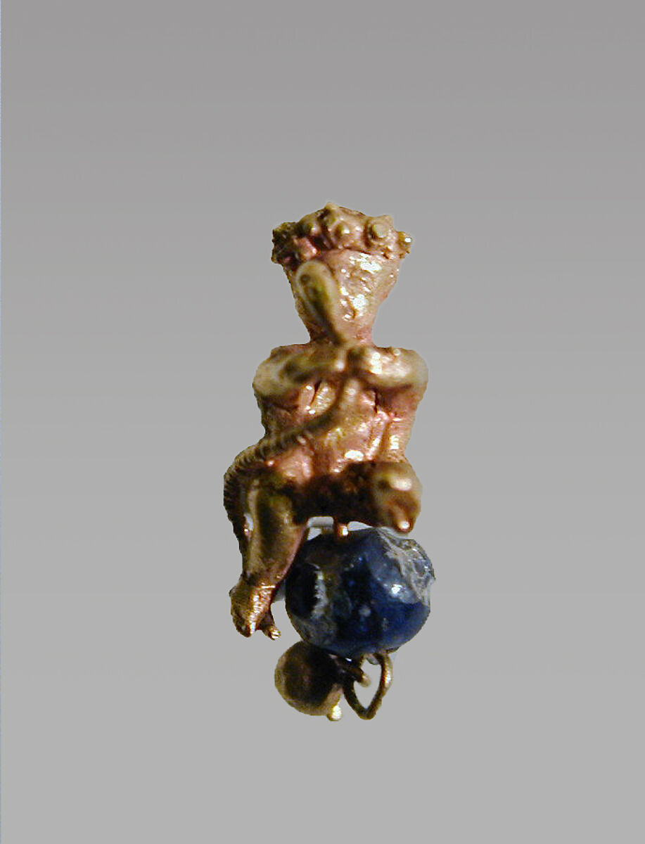 Pair of gold and glass earrings with baby Herakles, Gold and glass, Greek 
