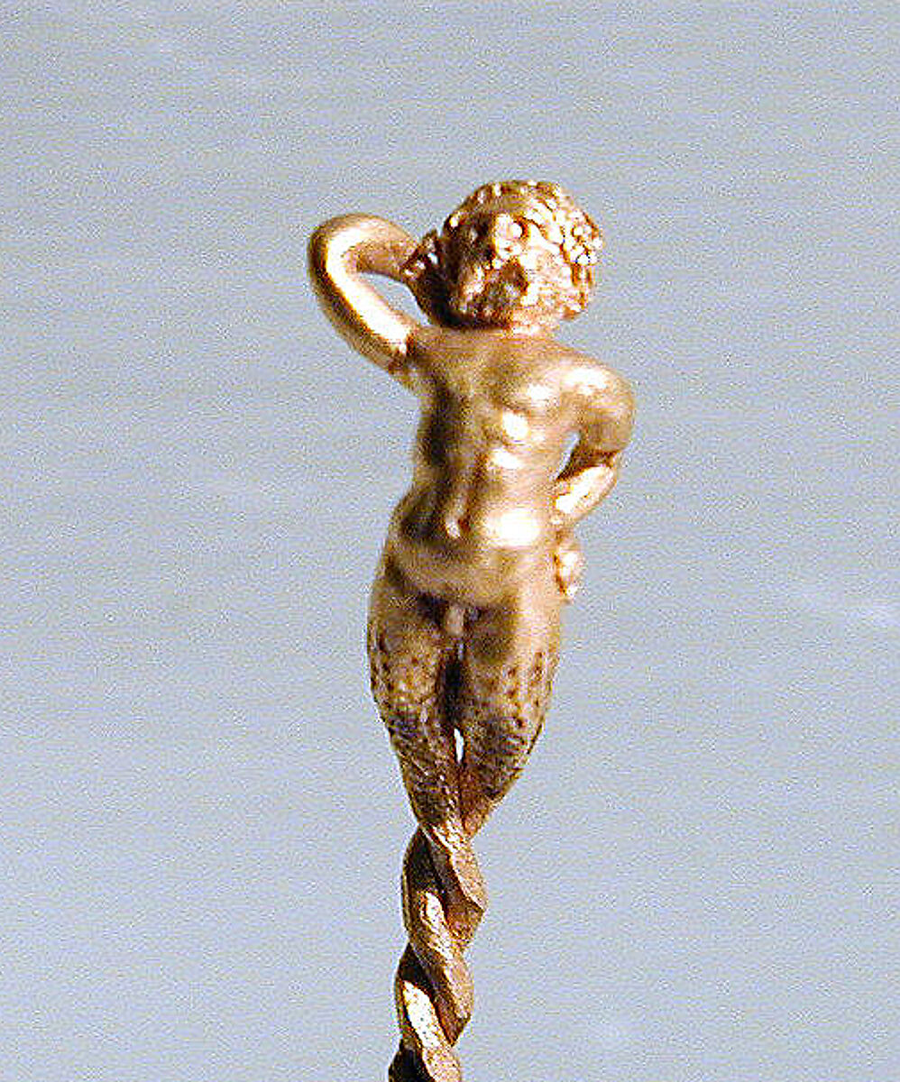 Gold earring in the form of a bearded satyr or triton, Gold, Greek 