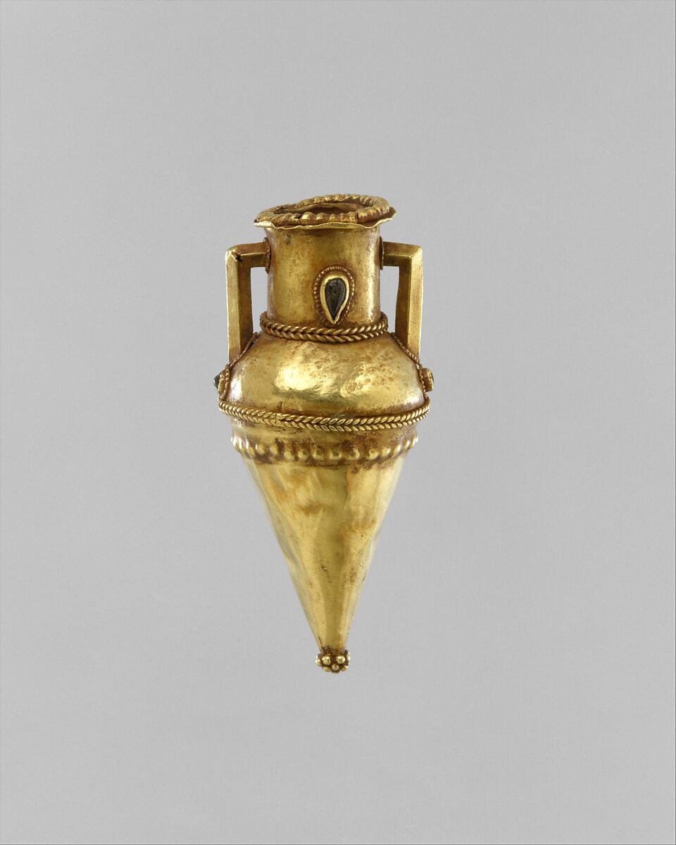 Gold amphoriskos (oil flask) with inlaid garnets, Gold and garnet, Greek 