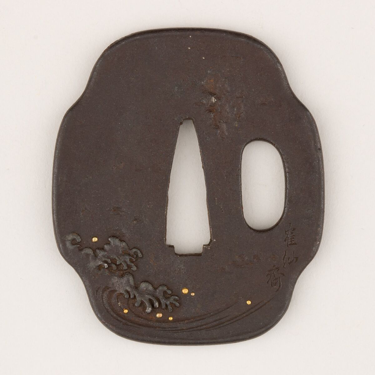 Sword guard (<i>Tsuba</i>) With the Motif of Plovers and Waves (波千鳥図鐔), Iron, copper, gold, copper-gold alloy (shakudō), copper-silver alloy shibuichi), Japanese