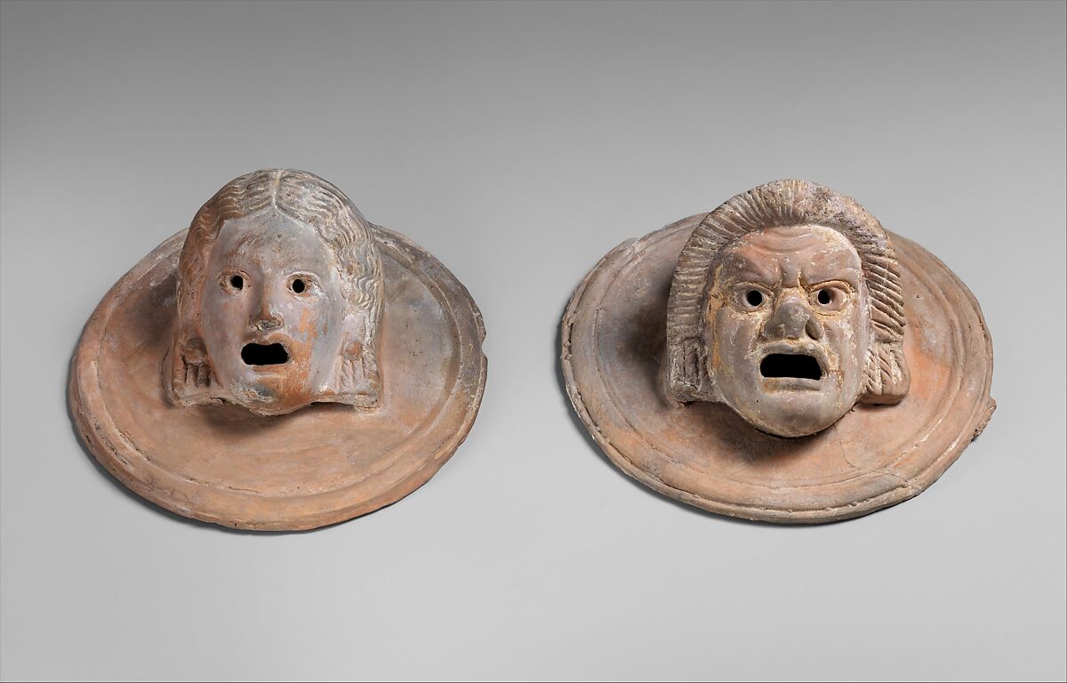 Two terracotta roundels with theatrical masks, Terracotta, Greek 