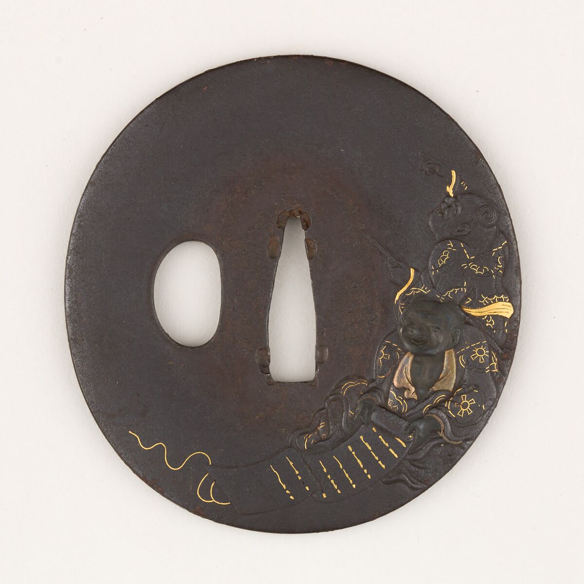 Sword guard (<i>Tsuba</i>) Depicting Hanshan and Shide (寒山拾得図鐔), Sugiura Joi (Japanese, 1701–1761), Iron, gold, copper, copper-silver alloy (shibuichi), Japanese 