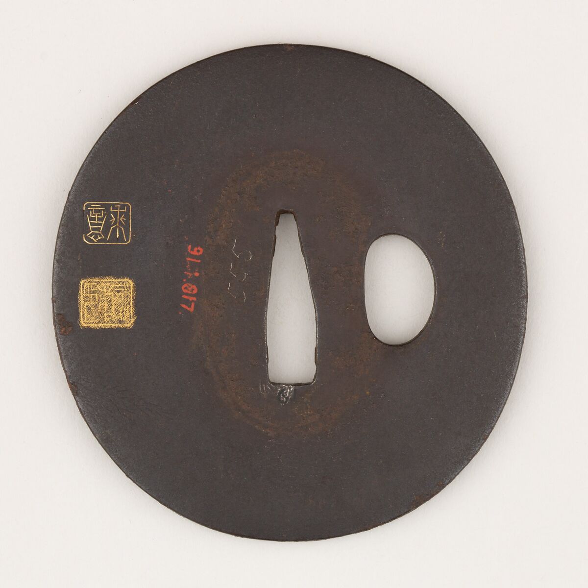Sword guard (<i>Tsuba</i>) Depicting Hanshan and Shide (寒山拾得図鐔), Sugiura Joi (Japanese, 1701–1761), Iron, gold, copper, copper-silver alloy (shibuichi), Japanese