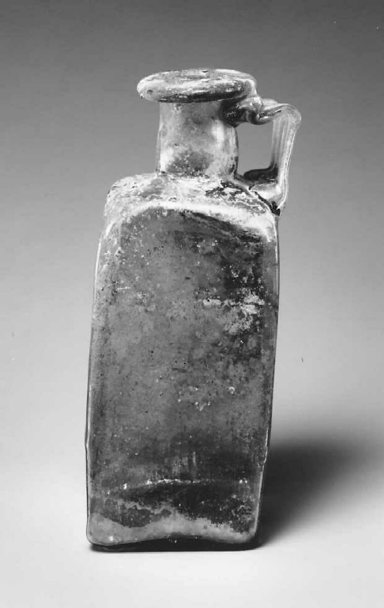 Glass square bottle with base inscription, Glass, Roman 