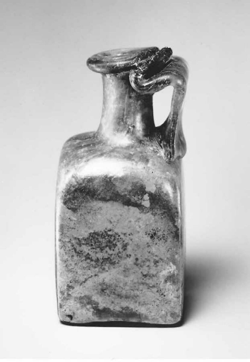 Glass square bottle with base inscription, Glass, Roman 