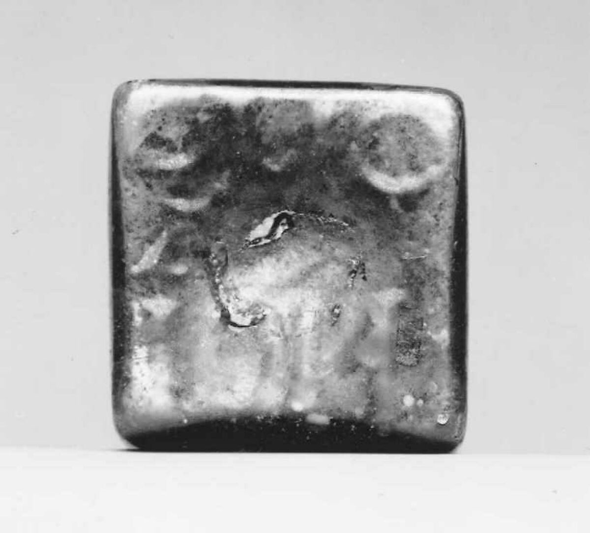 Glass square bottle with base inscription, Glass, Roman