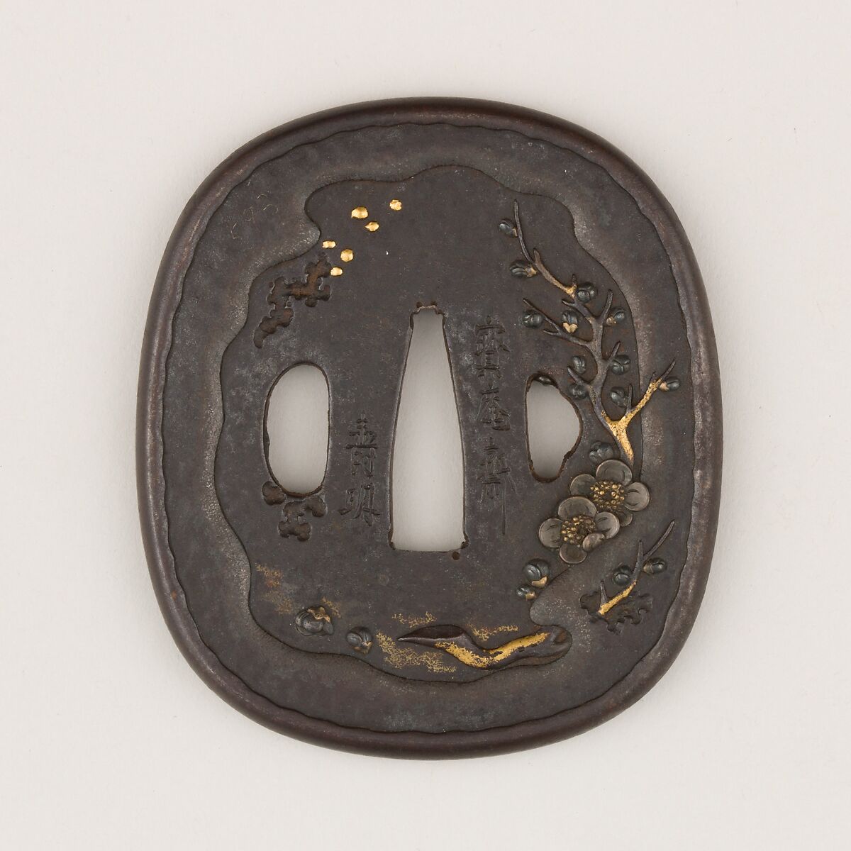 Sword Guard (Tsuba), Iron, gold, silver, copper-gold alloy (shakudō), copper, Japanese 