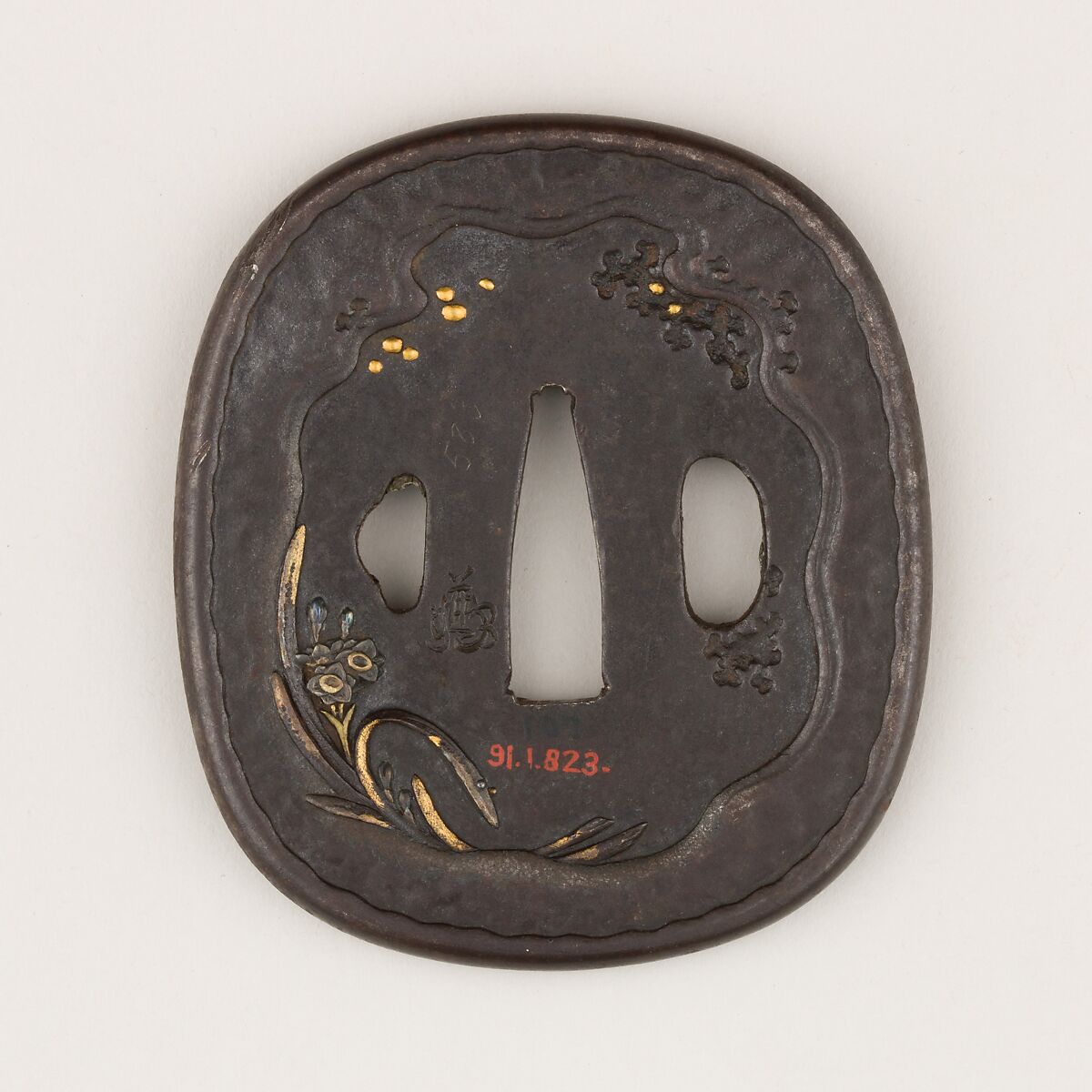 Sword Guard (Tsuba), Iron, gold, silver, copper-gold alloy (shakudō), copper, Japanese
