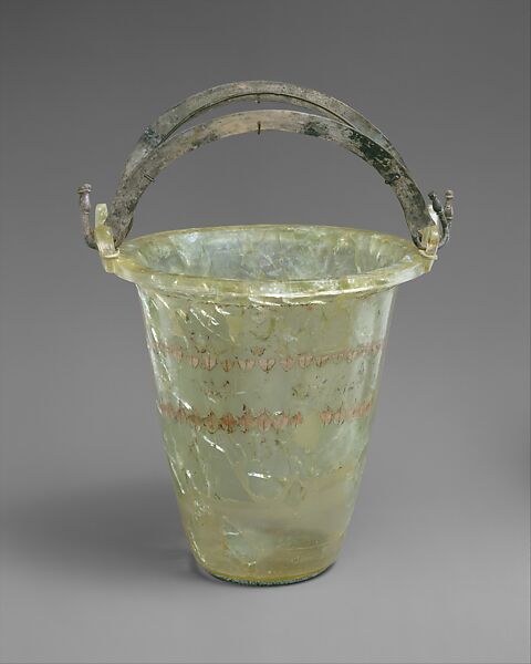 Glass situla (bucket) with silver handles, Glass with silver handles, Greek 