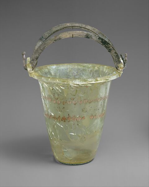 Glass situla (bucket) with silver handles, Glass with silver handles, Greek