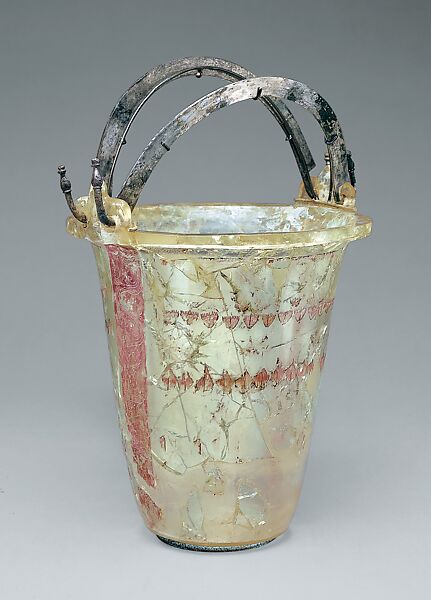 Glass situla (bucket) with silver handles, Glass with silver handles, Greek