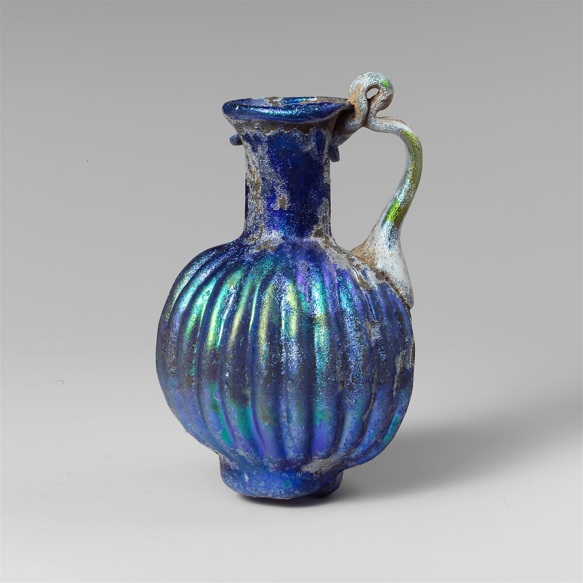 Glass juglet with vertical ribbing, Glass, Roman 