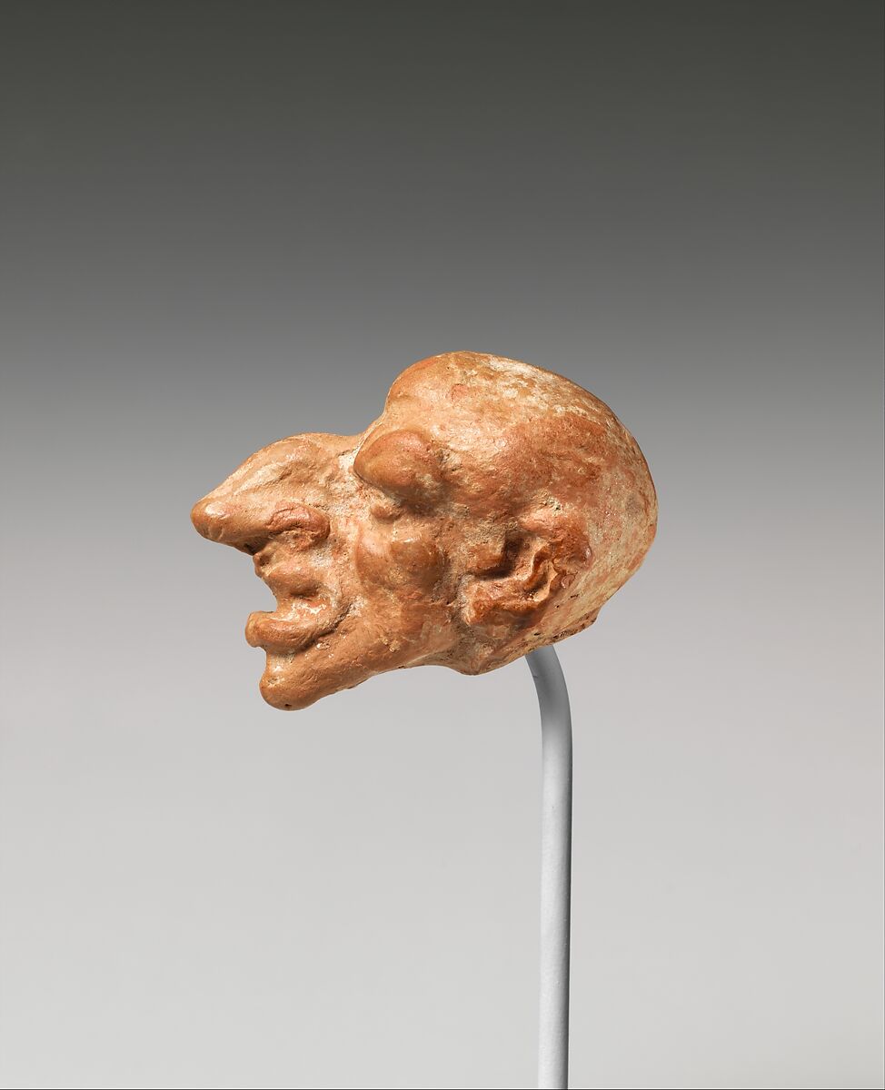 Terracotta head of a male dwarf, Terracotta, Greek 