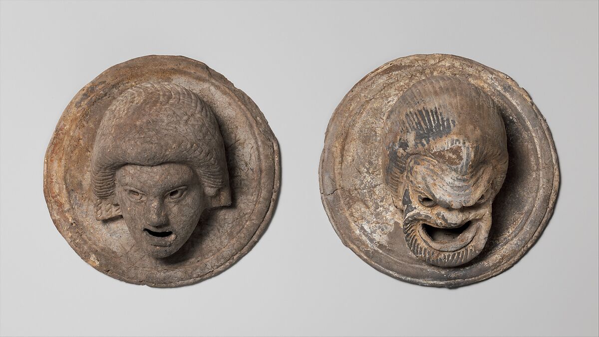 Terracotta roundels in the form of theatrical masks, Terracotta, Greek