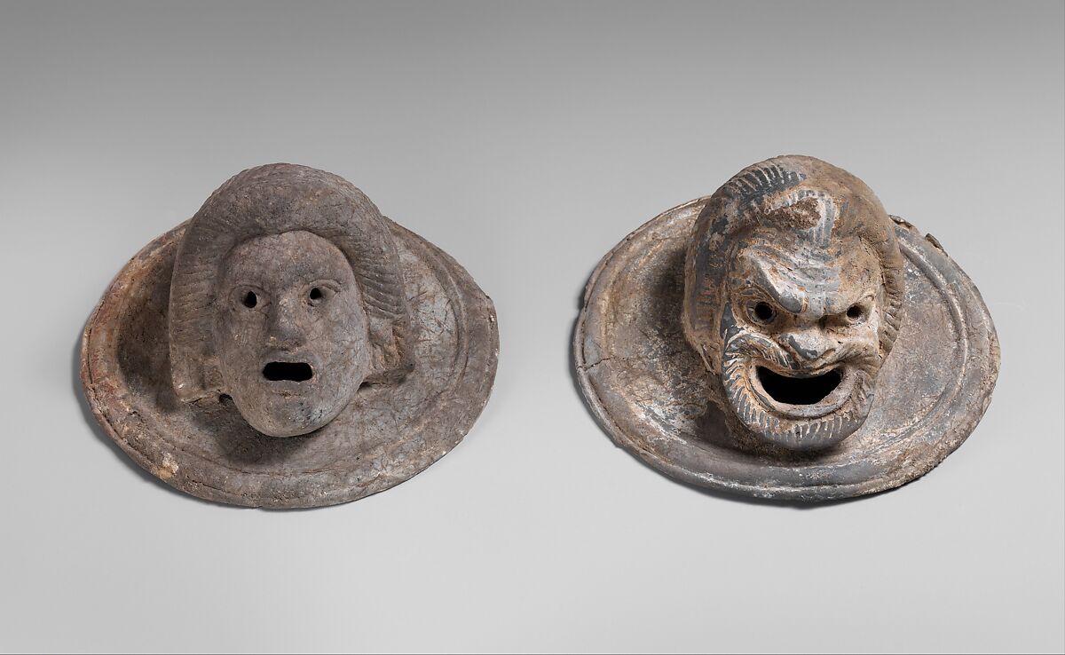 Two terracotta roundels with theatrical masks, Greek, Hellenistic