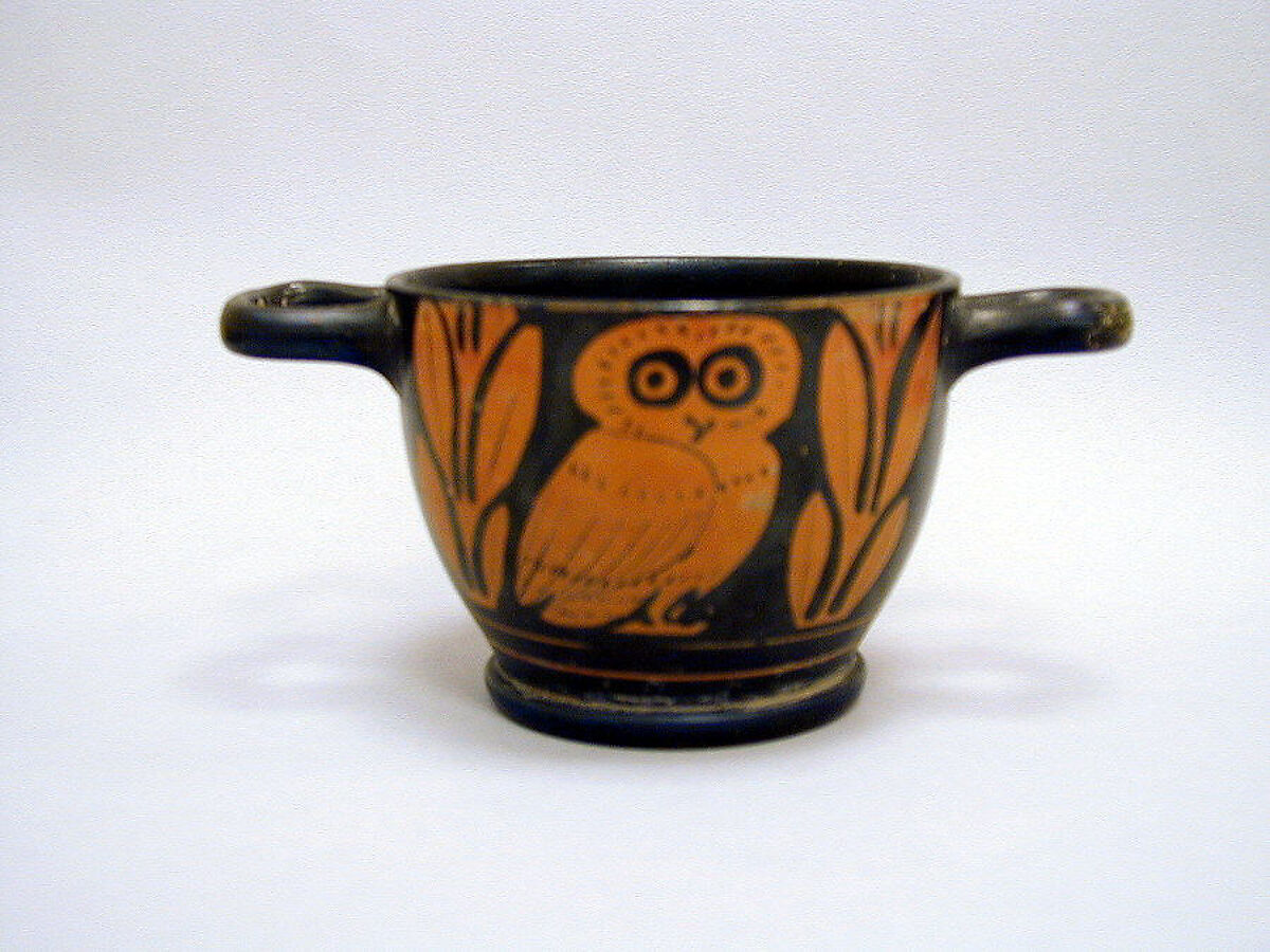 Terracotta owl skyphos, Terracotta, Greek, Attic 