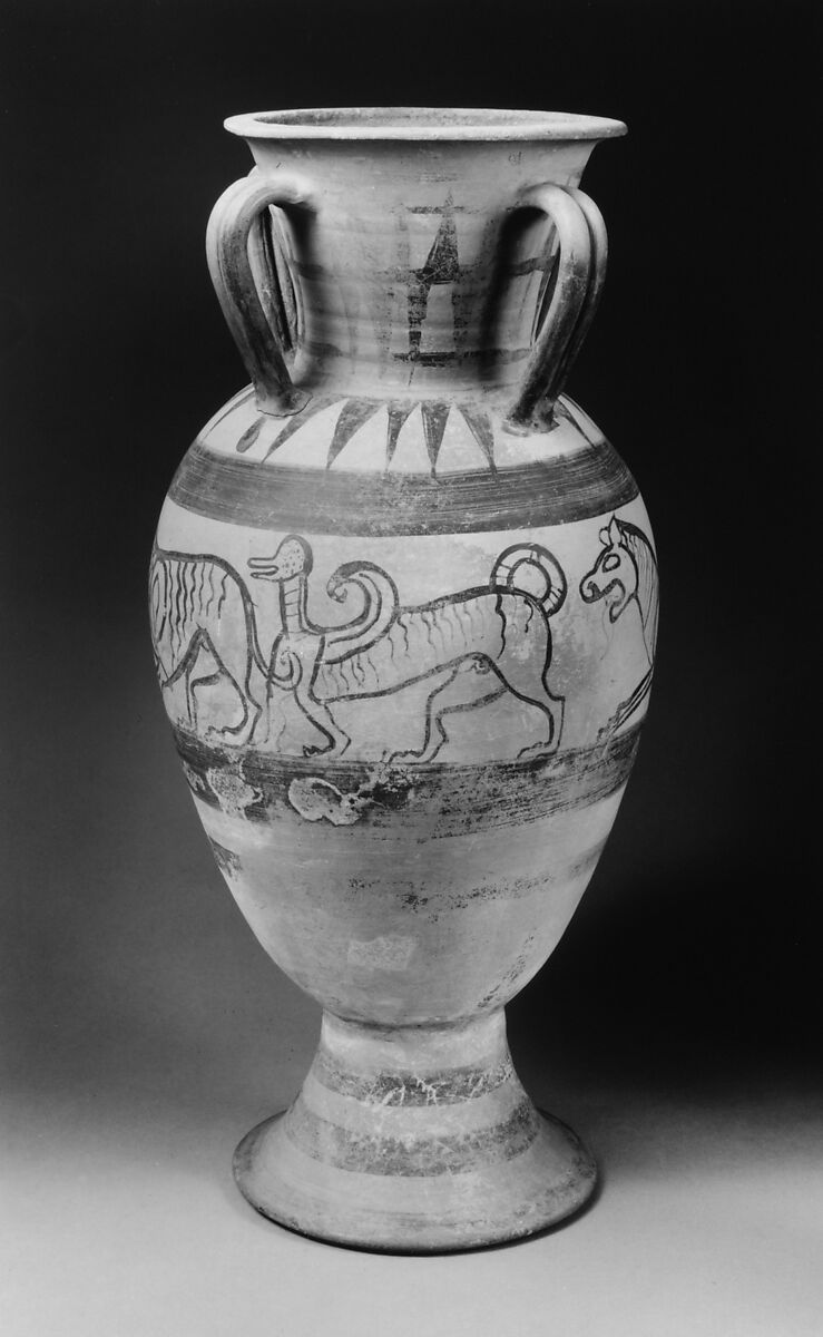 Terracotta four-handled amphora (jar), Terracotta, Etruscan, Italo-Corinthian