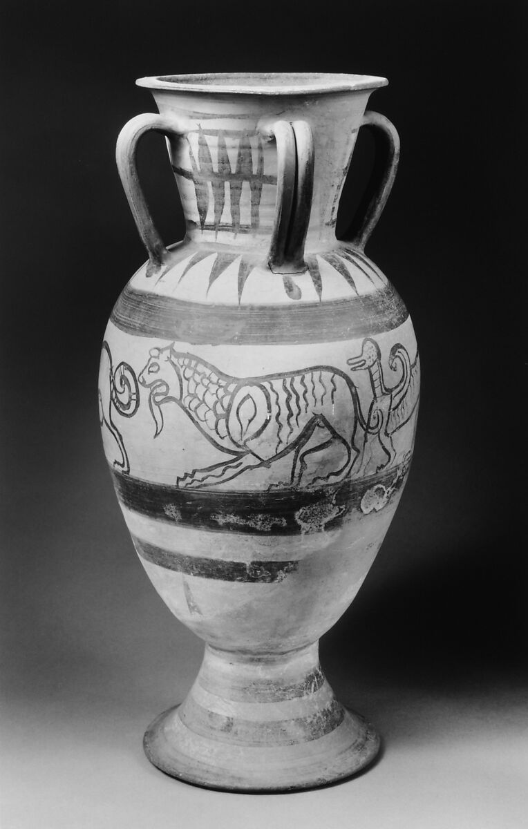 Terracotta four-handled amphora (jar), Terracotta, Etruscan, Italo-Corinthian