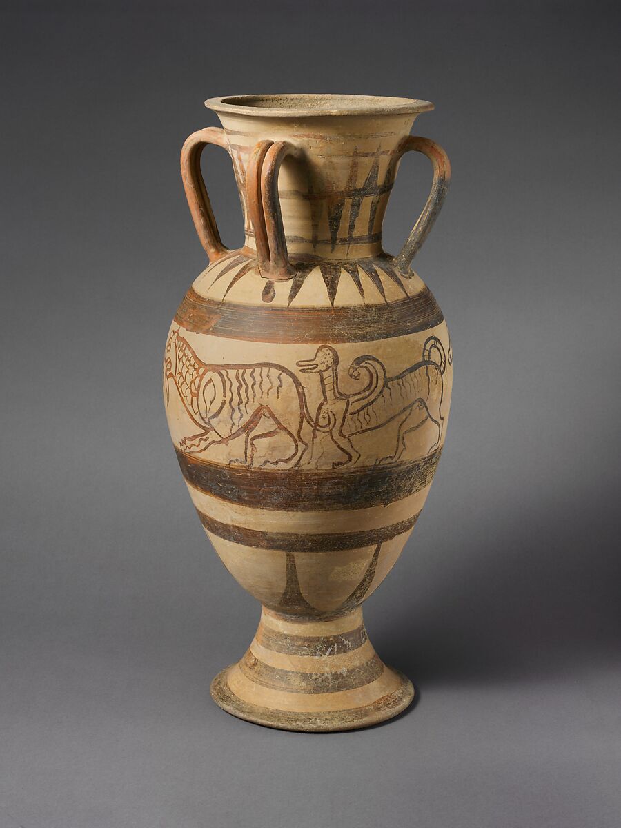 Terracotta four-handled amphora (jar), Terracotta, Etruscan, Italo-Corinthian