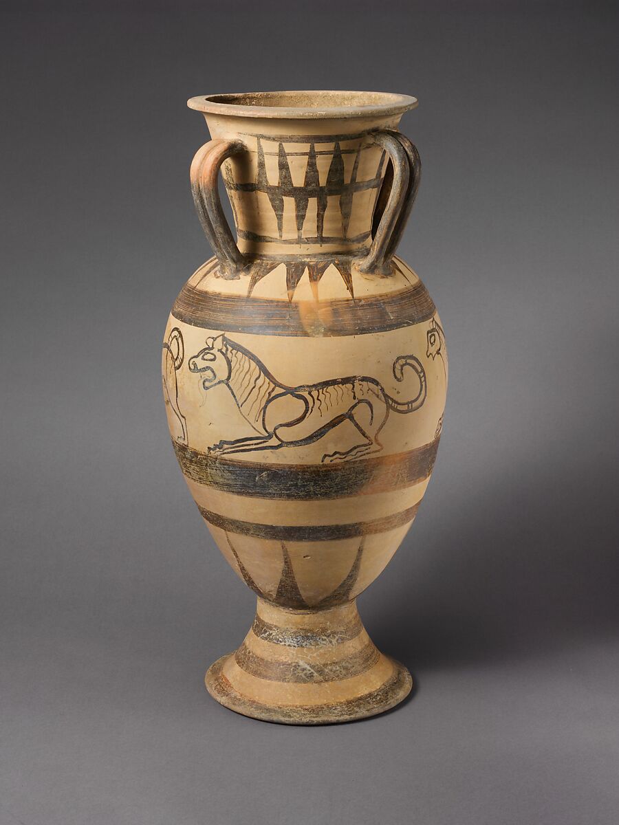 Terracotta four-handled amphora (jar), Terracotta, Etruscan, Italo-Corinthian 