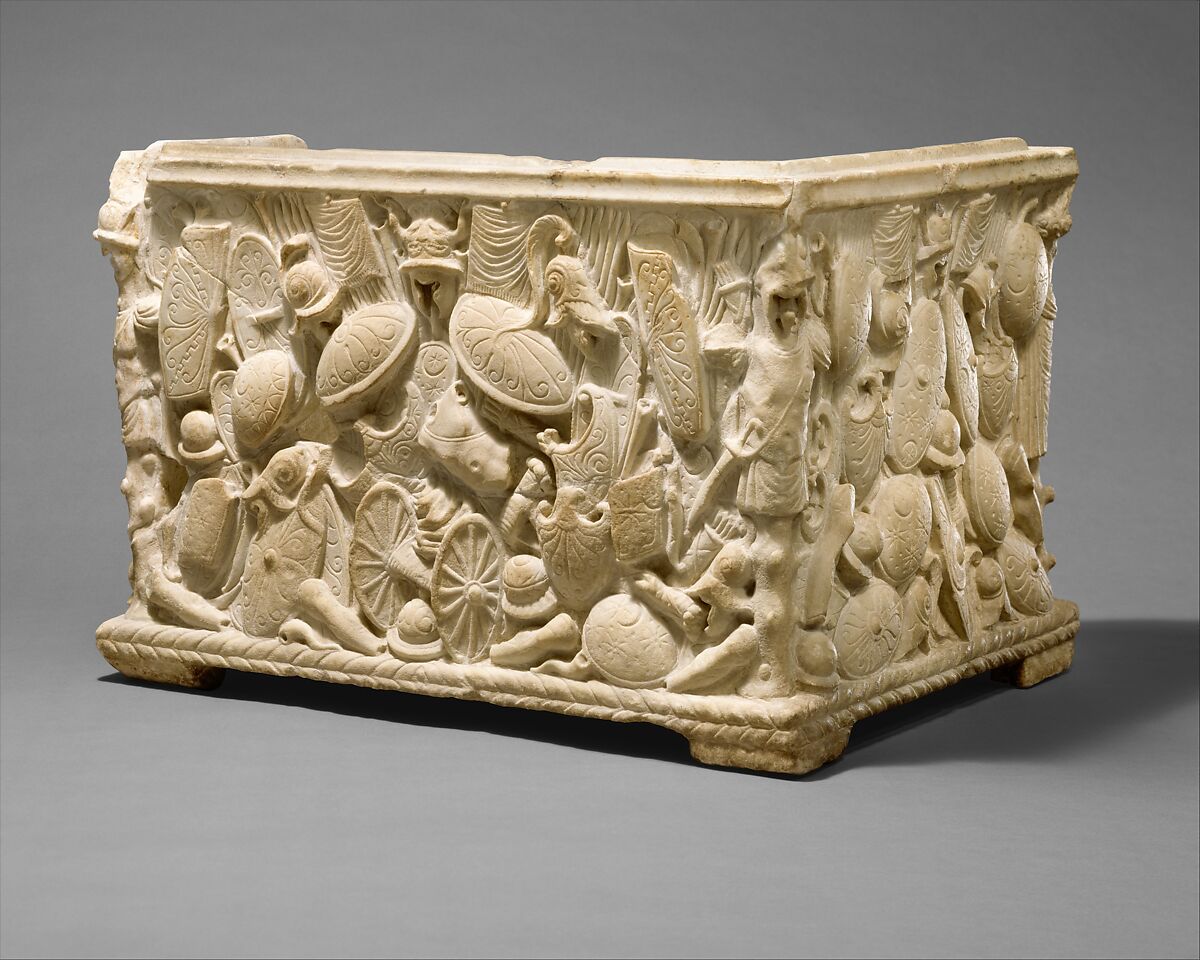 Marble fragment of a cinerary urn, Indurated limestone or fine-grained marble, Roman 
