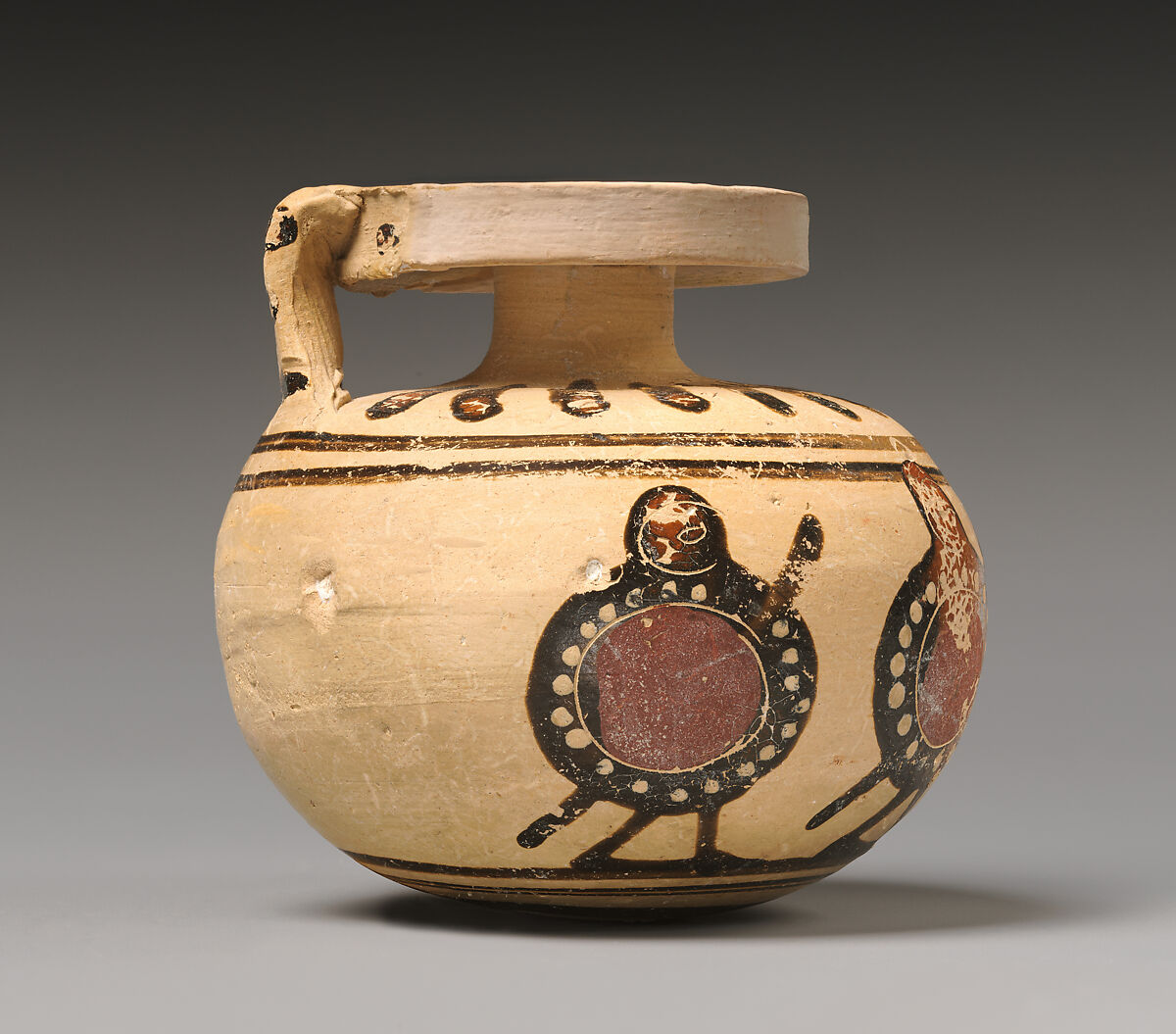 Aryballos with four warriors, Terracotta