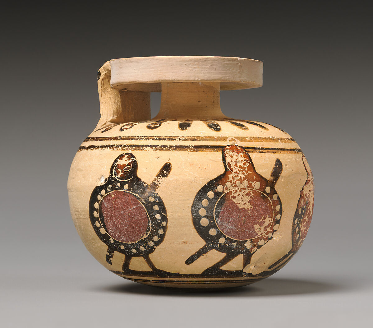 Aryballos with four warriors, Terracotta 