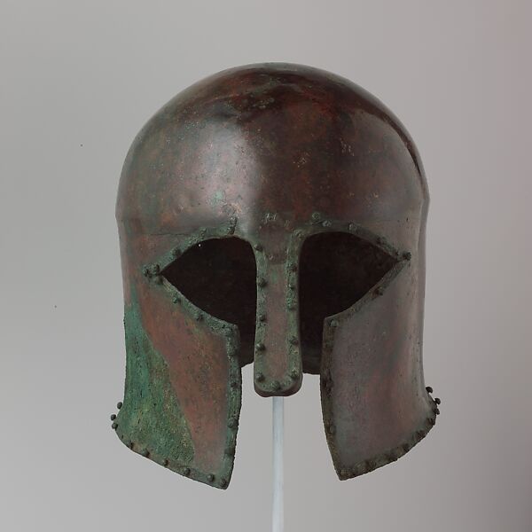 Bronze helmet of Corinthian type, Bronze, Greek 