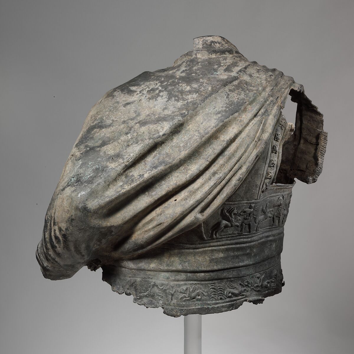 Bronze torso from an equestrian statue wearing a cuirass, bronze, Greek or Roman