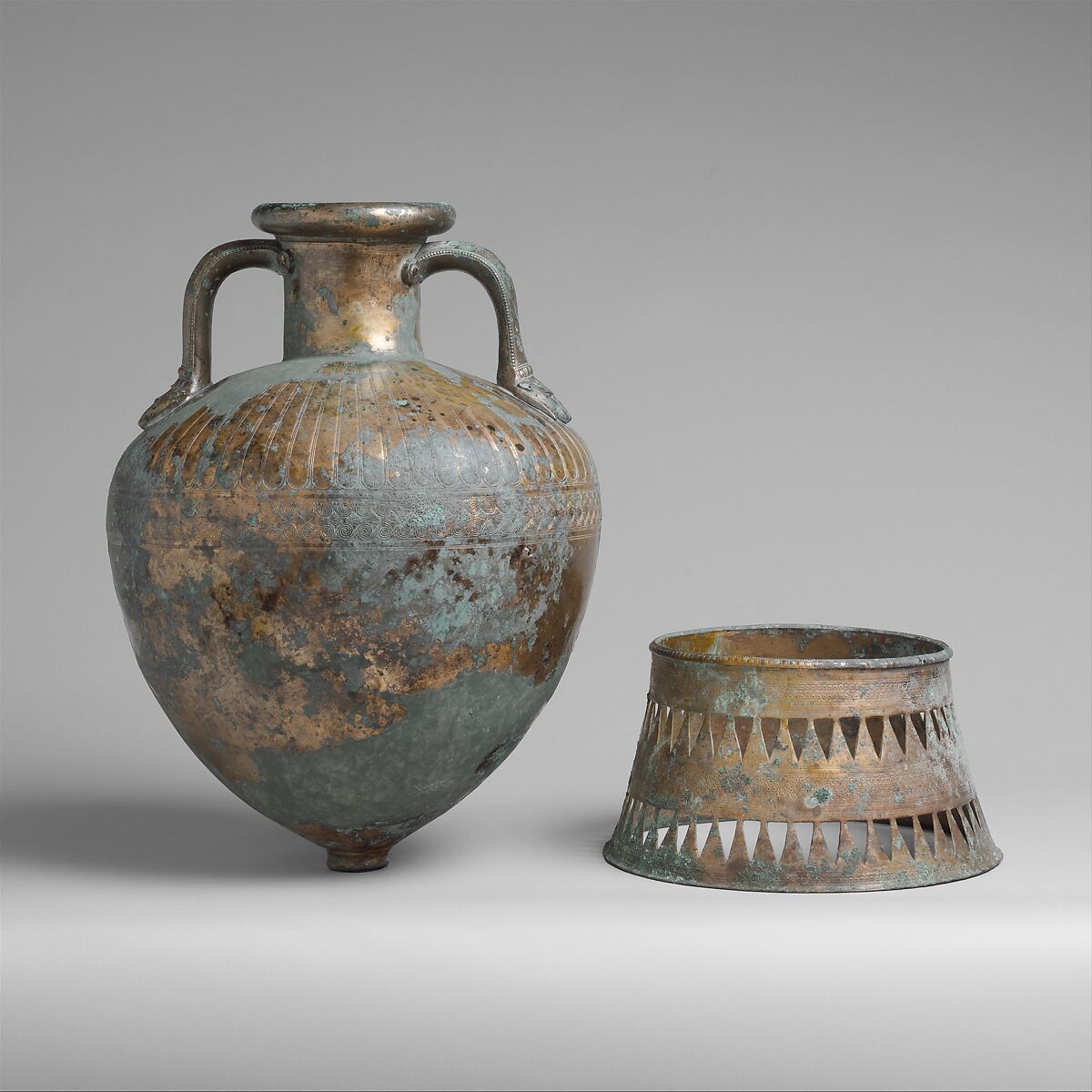 Bronze pointed neck-amphora with stand, Bronze, Greek 