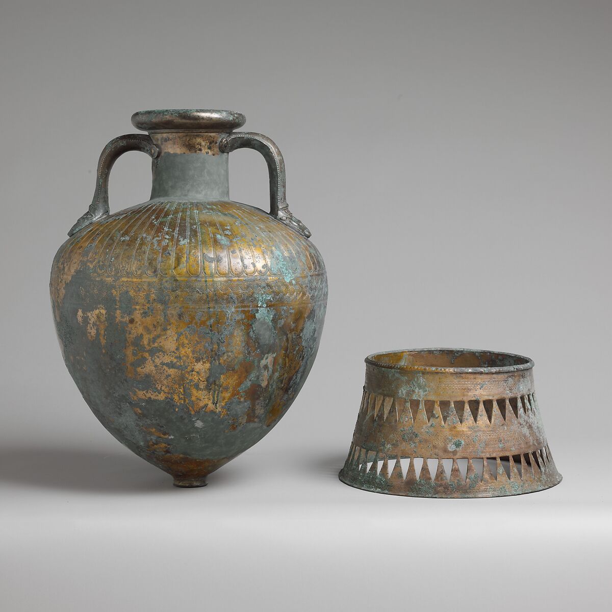 Bronze pointed neck-amphora with stand, Bronze, Greek