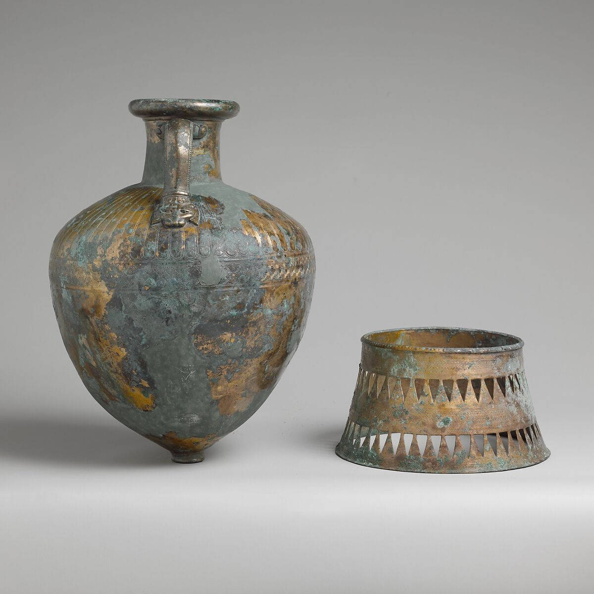 Bronze pointed neck-amphora with stand, Bronze, Greek