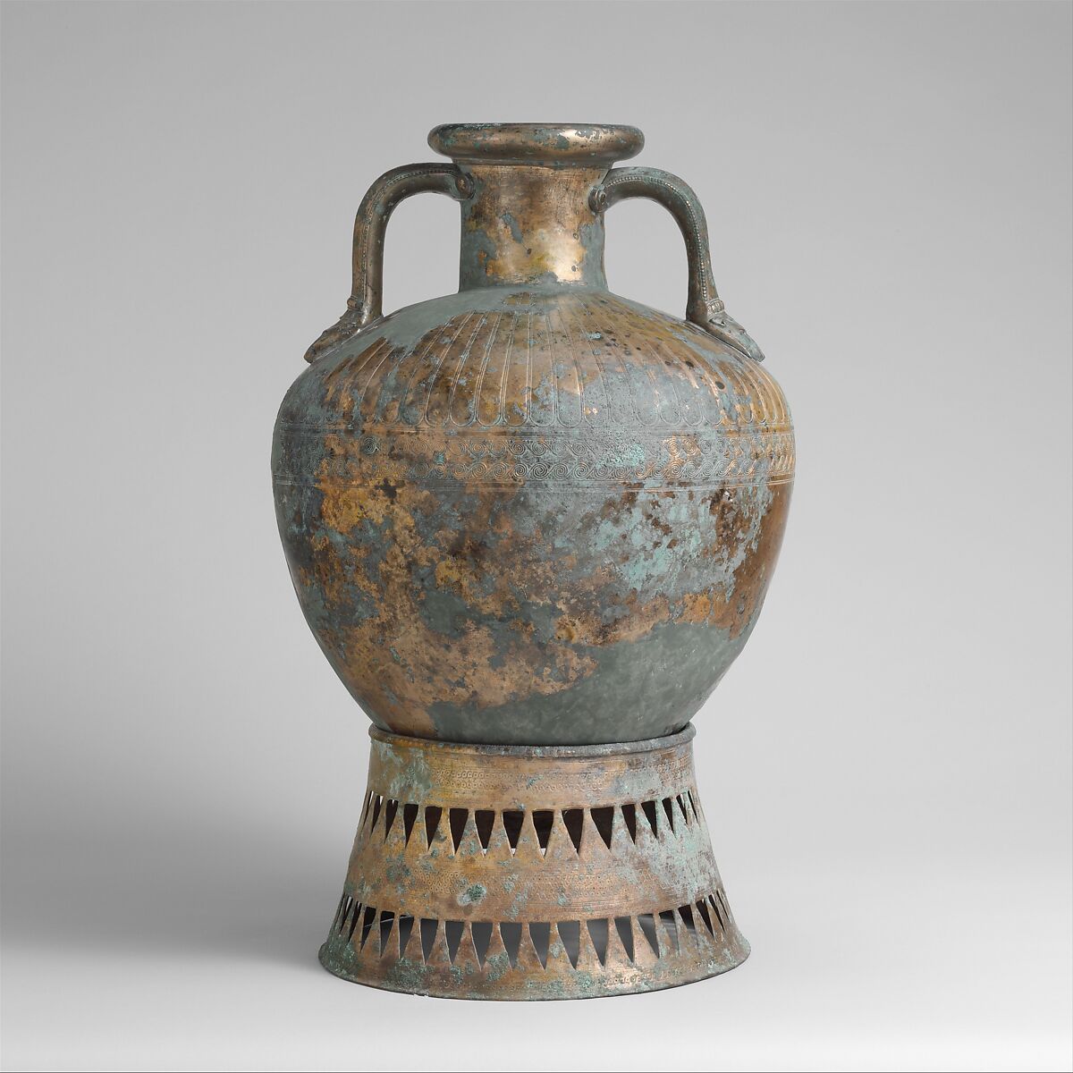Bronze pointed neck-amphora with stand, Bronze, Greek