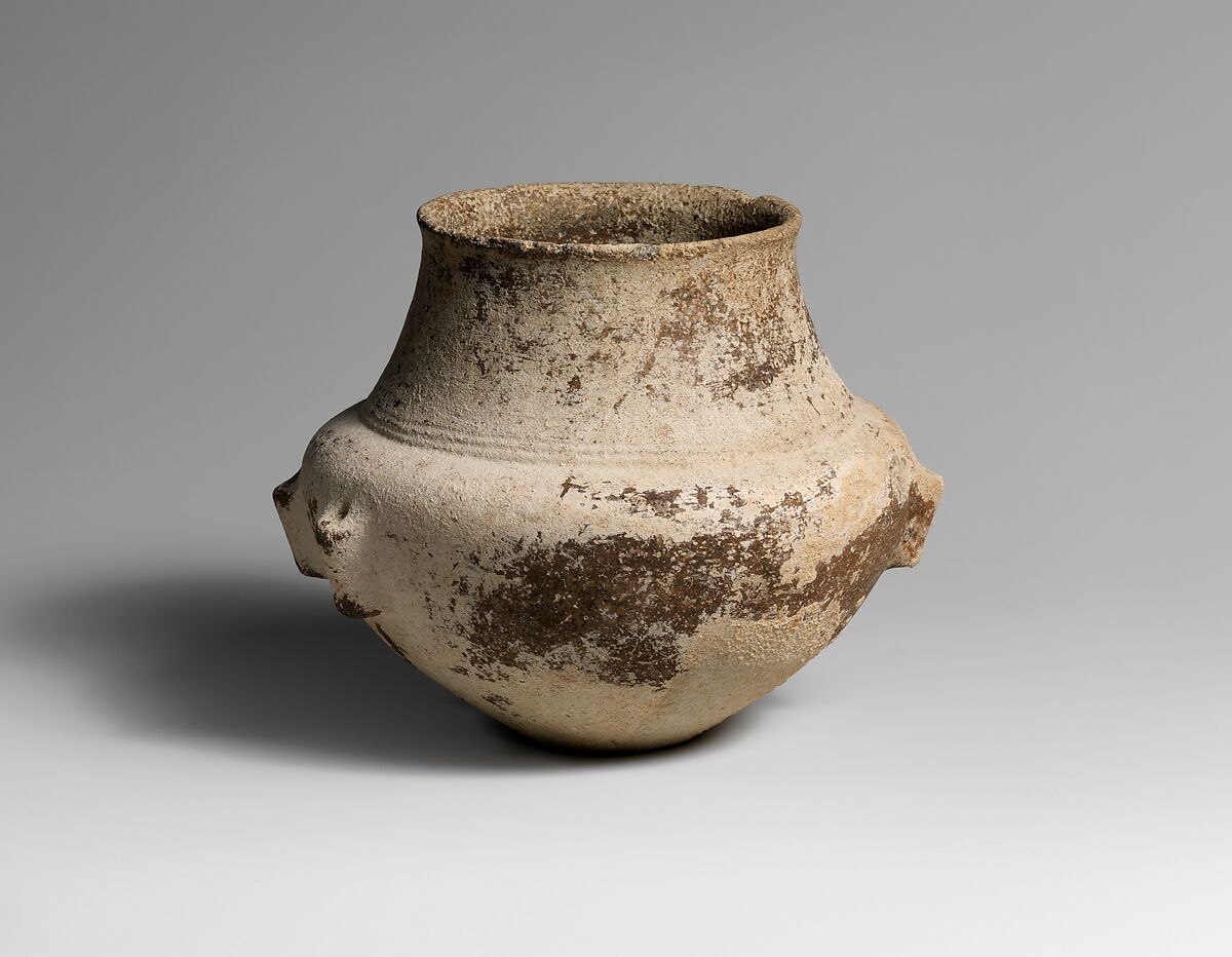 Terracotta collared jar with four lug handles, Terracotta, Cycladic 