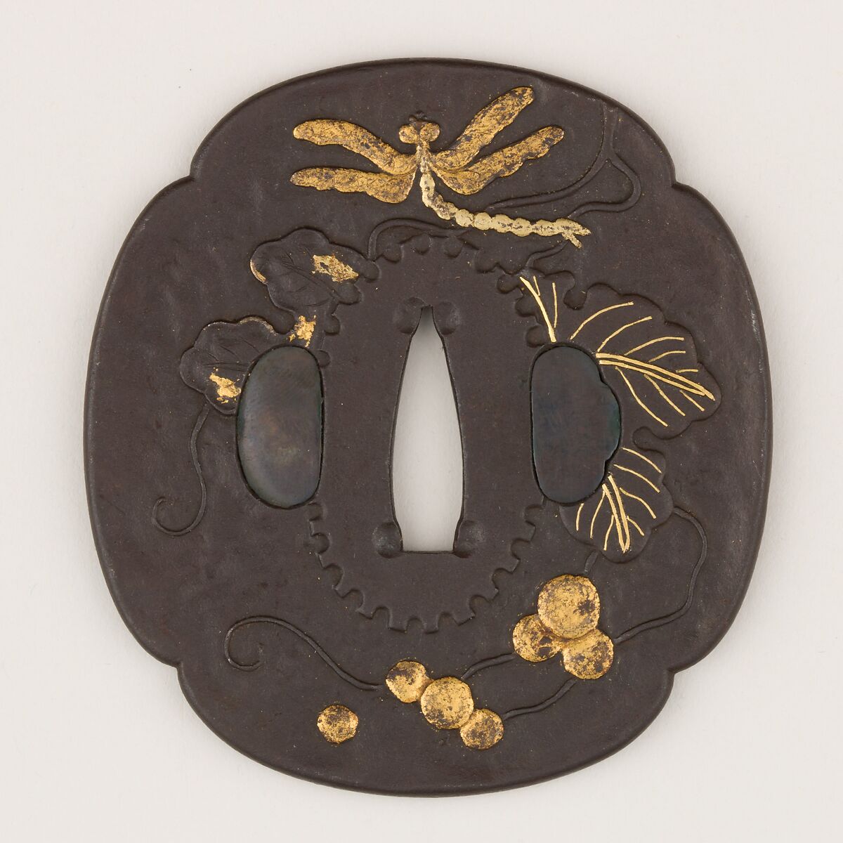 Sword Guard (<i>Tsuba</i>) With the Motif of Dragonfly in Grapevine (葡萄に勝虫図鐔), Iron, gold, copper-gold alloy (<i>shakudō</i>), Japanese 