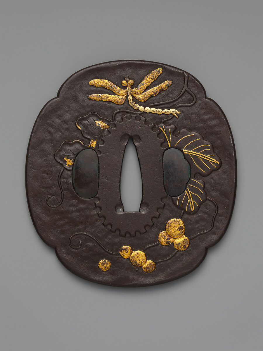 Sword Guard (<i>Tsuba</i>) With the Motif of Dragonfly in Grapevine (葡萄に勝虫図鐔), Iron, gold, copper-gold alloy (<i>shakudō</i>), Japanese