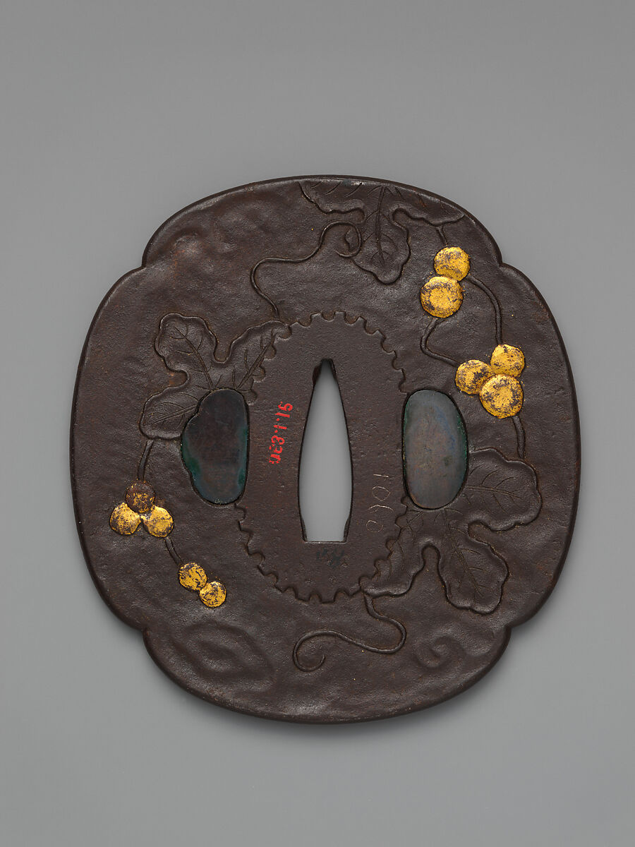 Sword Guard (<i>Tsuba</i>) With the Motif of Dragonfly in Grapevine (葡萄に勝虫図鐔), Iron, gold, copper-gold alloy (<i>shakudō</i>), Japanese