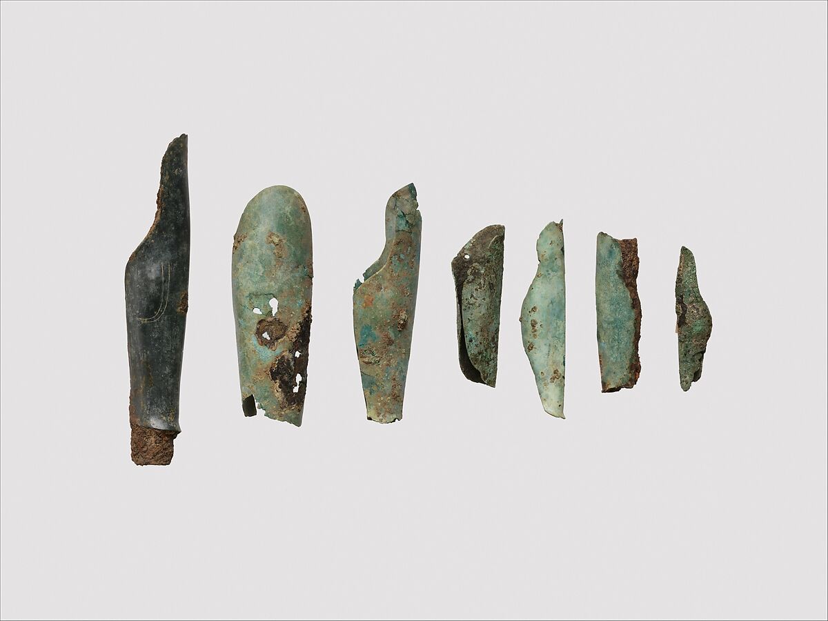 Miniature bronze greave, Bronze, Etruscan, Vulci 