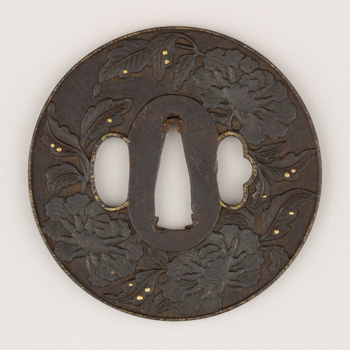 Sword Guard (Tsuba), Iron, gold, copper, Japanese 