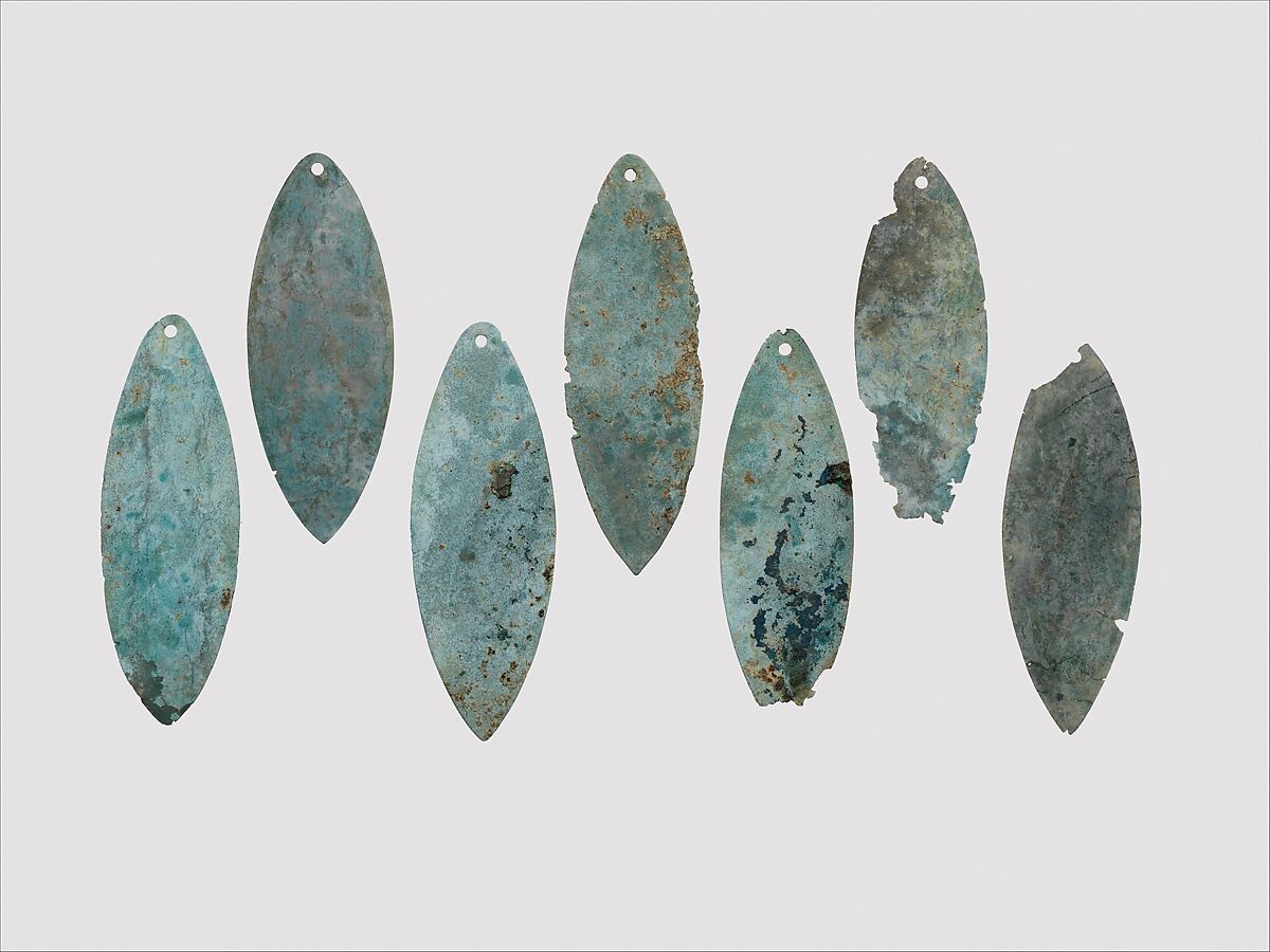 Bronze elliptical leaf, perhaps a waist ornament, Bronze, Etruscan, Vulci 