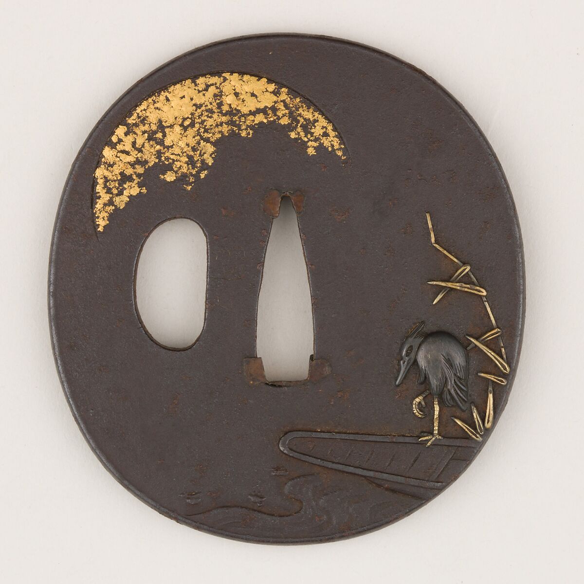 Sword Guard (<i>Tsuba</i>) Depicting Heron on Boat (一路平安図鐔), Shōzui (Japanese, Edo, 1696–1769), Iron, gold, copper-silver alloy (<i>shibuichi</i>), Japanese 