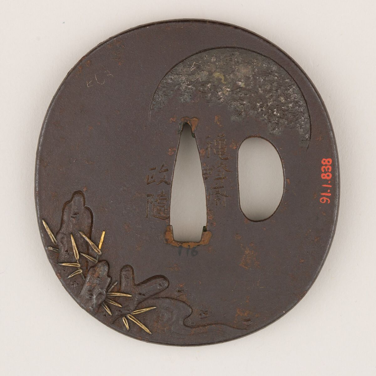 Sword Guard (<i>Tsuba</i>) Depicting Heron on Boat (一路平安図鐔), Shōzui (Japanese, Edo, 1696–1769), Iron, gold, copper-silver alloy (<i>shibuichi</i>), Japanese