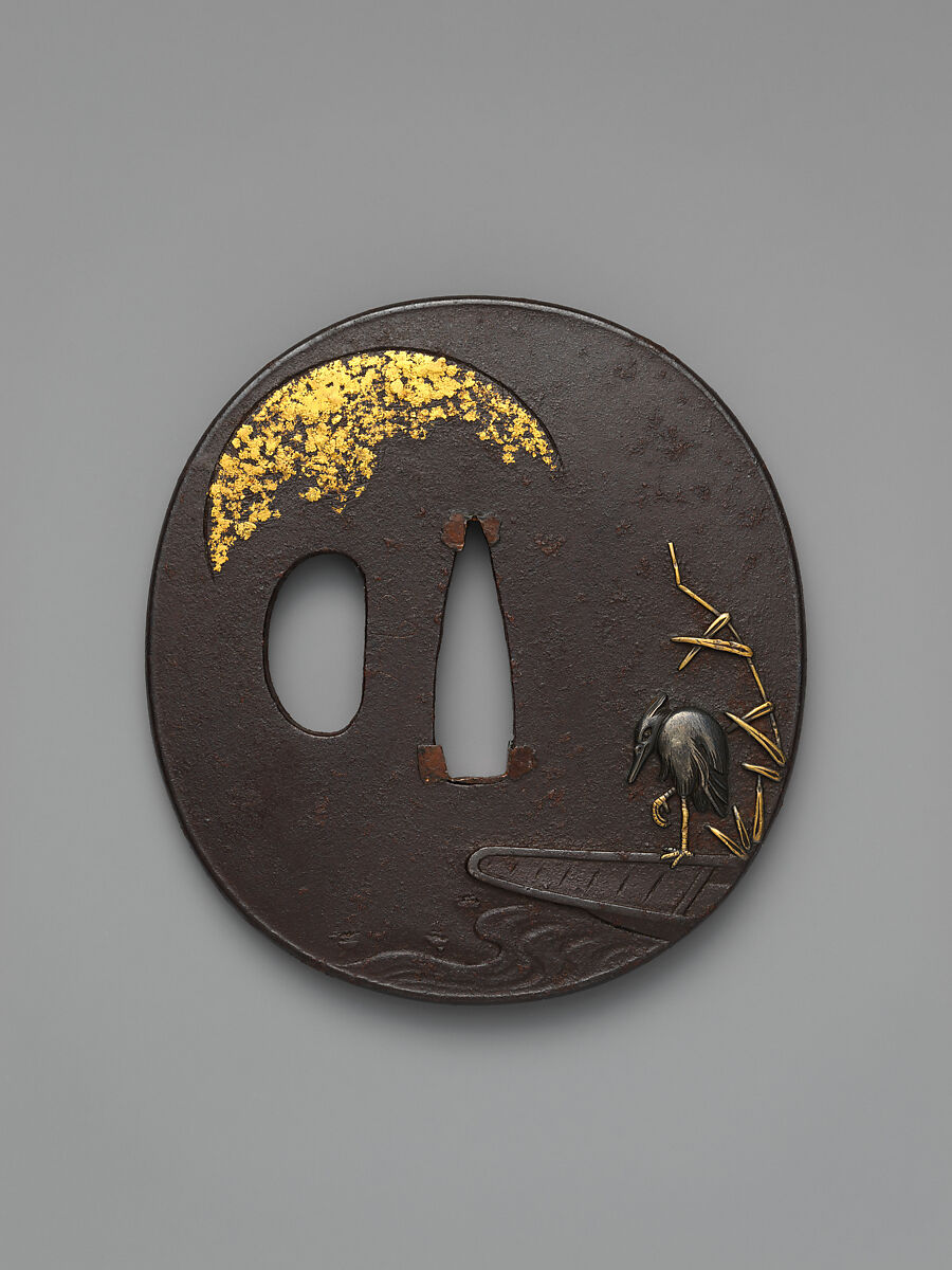 Sword Guard (<i>Tsuba</i>) Depicting Heron on Boat (一路平安図鐔), Shōzui (Japanese, Edo, 1696–1769), Iron, gold, copper-silver alloy (<i>shibuichi</i>), Japanese